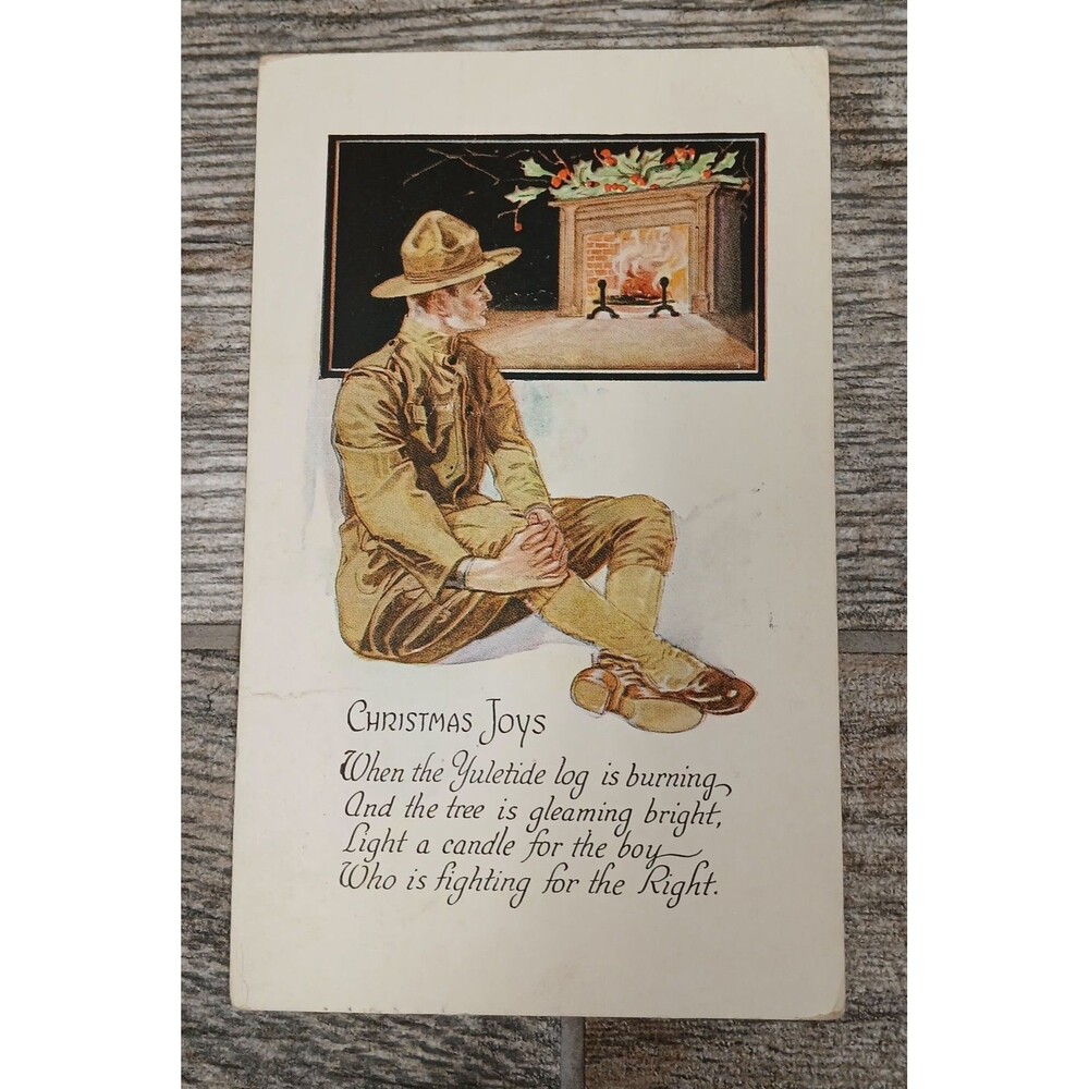 AEF WWI 1900s Soldier Christmas Postcard  Yuletide Fire & Fireplace Logs
